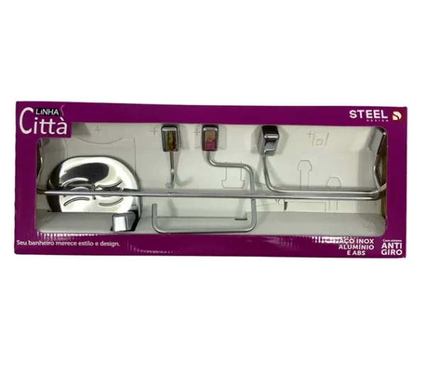 Kit de acessórios para banheiro (linha Città, Steel Design) — 5 peças em preto, com design minimalista e materiais duráveis (aço inox, alumínio e ABS). Fácil de instalar, reforçado por fixação dupla, ideal para renovar banheiro ou lavabo com estilo e praticidade.