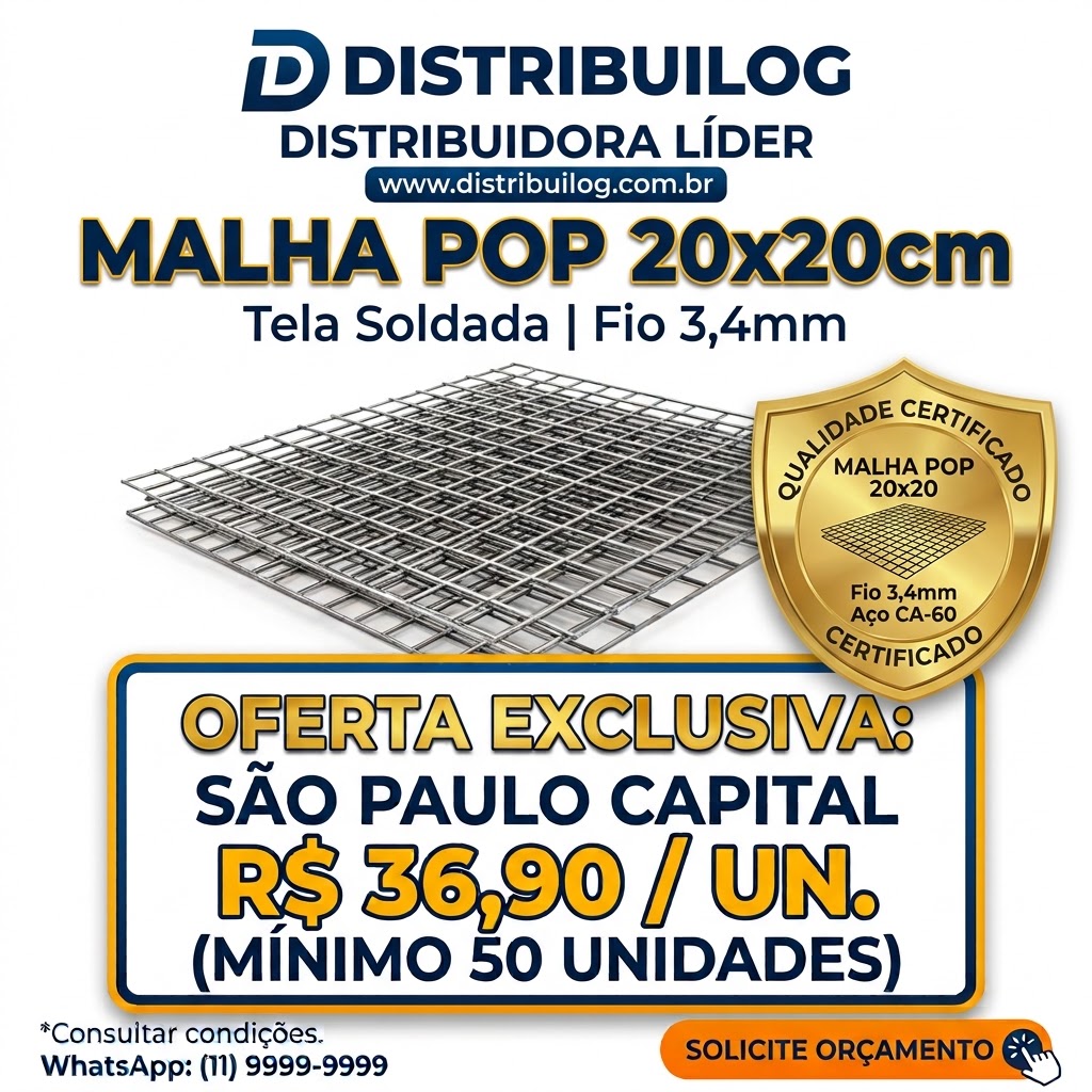 Tela Soldada Aço Malha Top Leve 3,4mm 20x20cm 2x3m